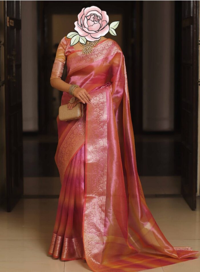 Banarasi Tissue Rainbow Saree (Pink) - Image 2